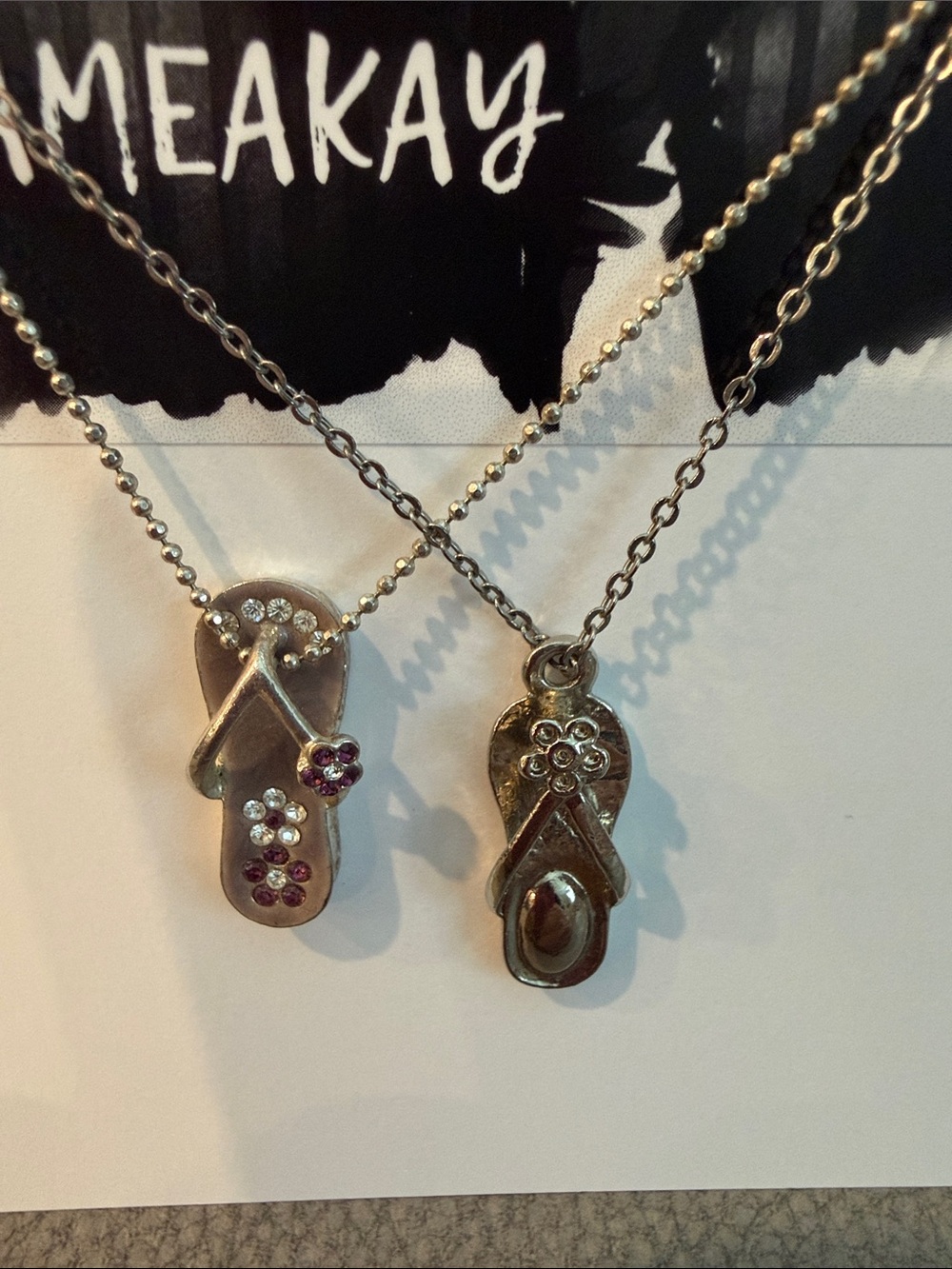 Kameakay Silver-Tone Flip Flop Necklaces with Pink & Clear Accents